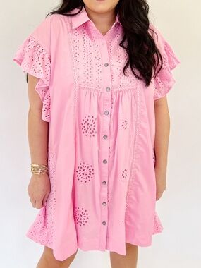 entro Pink Eyelet Button-Front Mini Dress